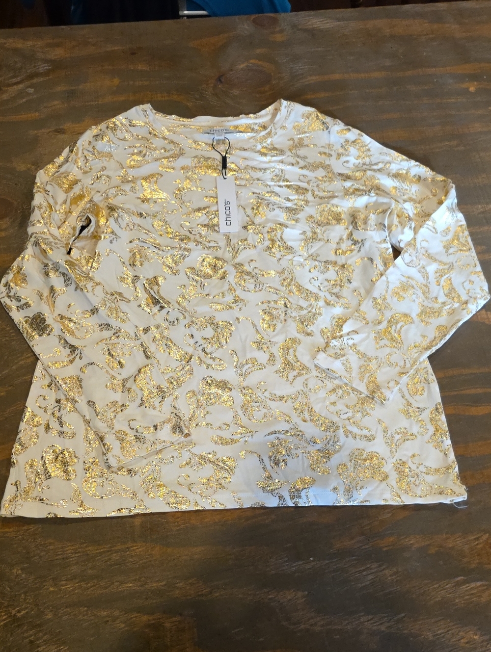 Chico's White Long Sleeve Tee with Gold Abstract Foil